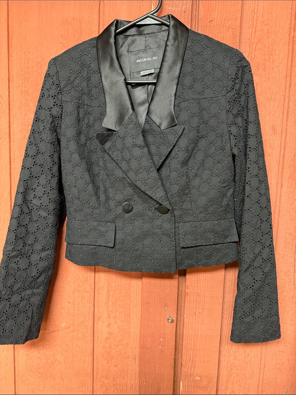 Cropped Black Lace Double-Breasted Blazer with Satin Lapel